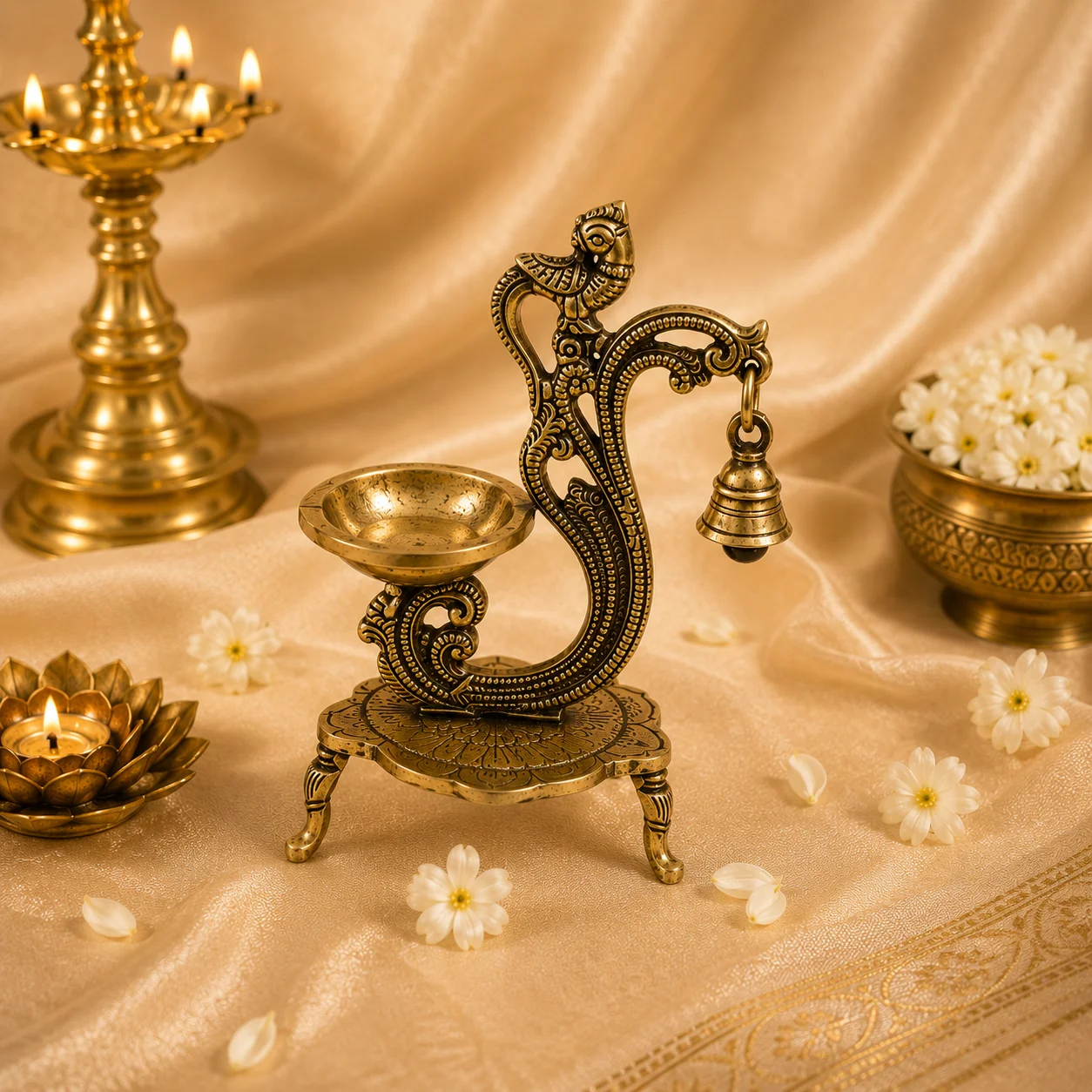 Brass Peacock Deepam with Bell - Image 2